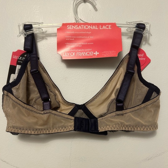 Lily of France Sensational Lace Bra - navy and beige sz 34B nwt,013 - Picture 2 of 2